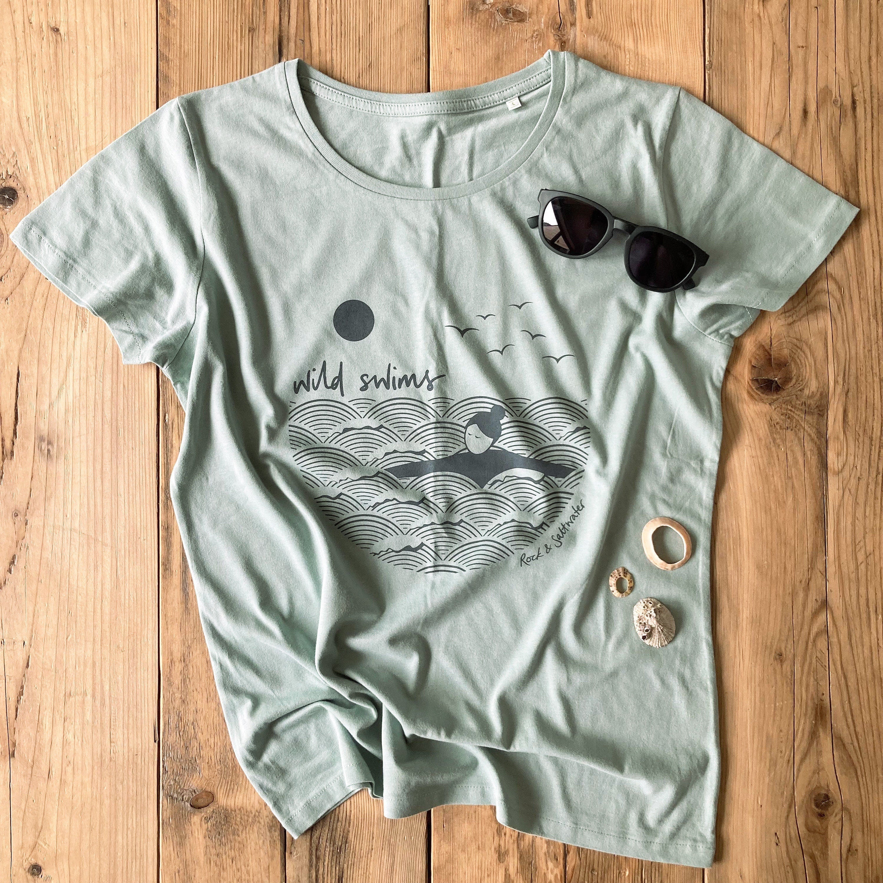 Summer green | organic cotton hand screen printed wild swimming women's t-shirt