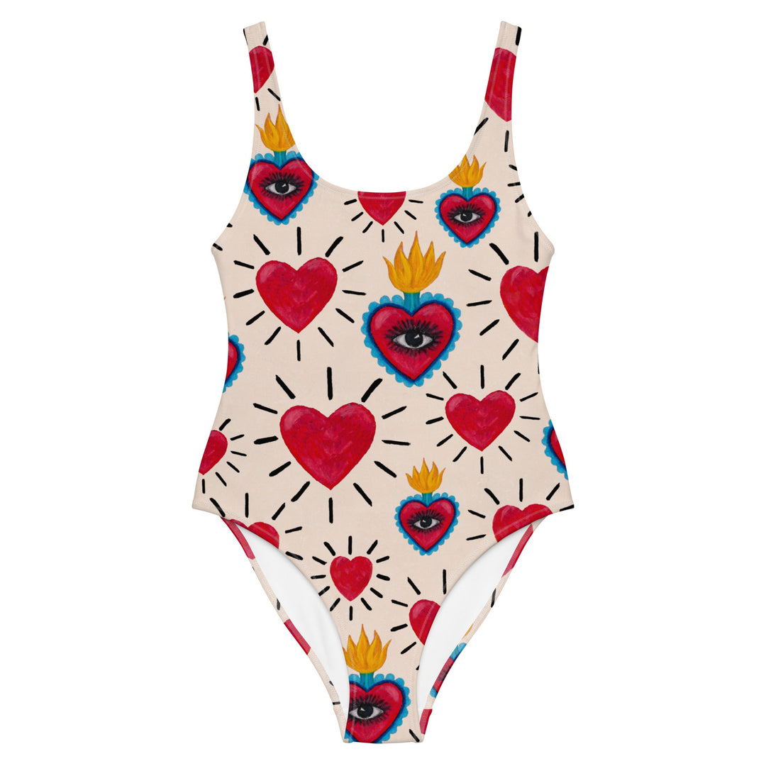 Front image of the Hearts Swimsuit by Mor Swimmy — white one-piece with bold red heart and flame print, designed for confident wild swimmers.