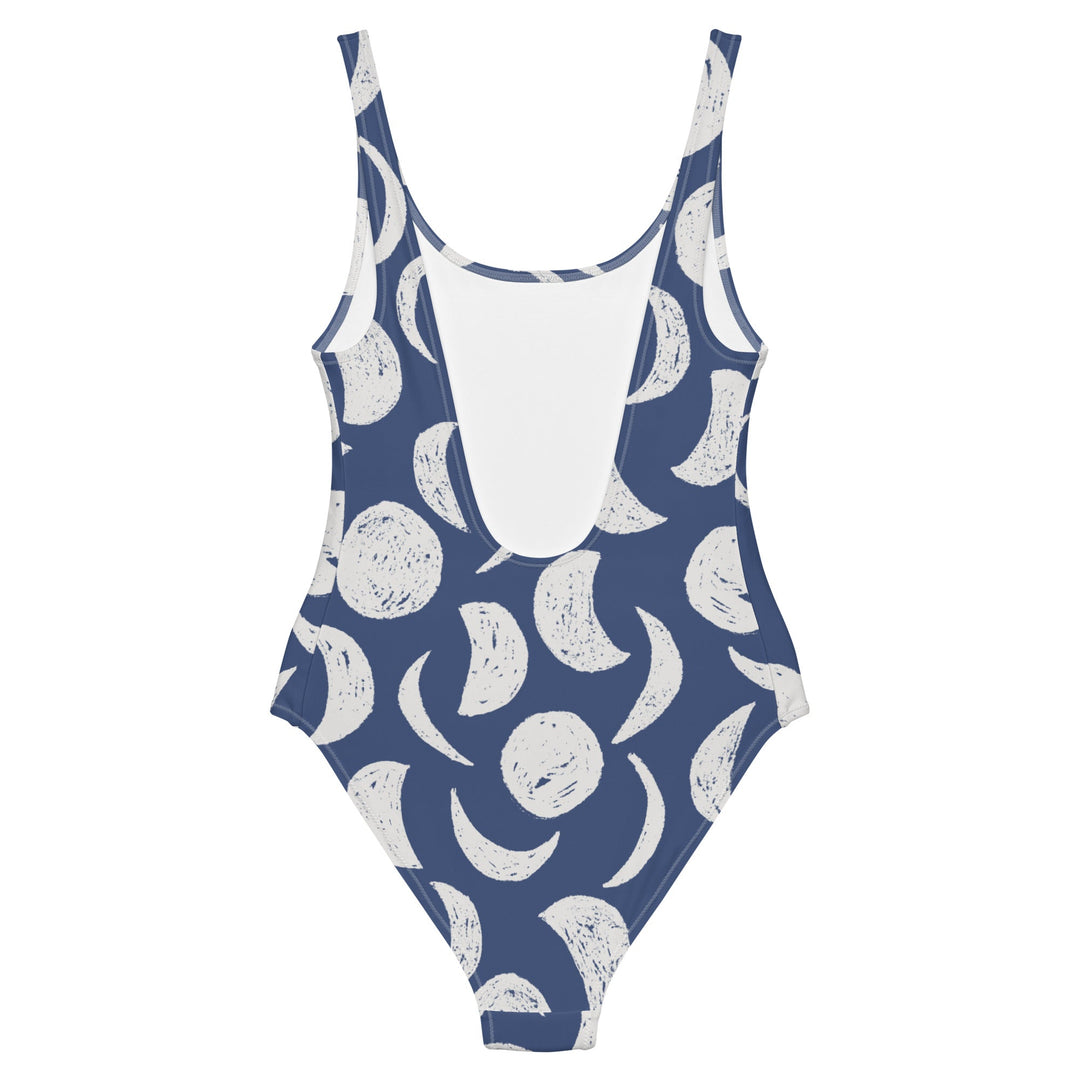 Back image of the Moons Swimsuit by Mor Swimmy — navy and white one-piece with lunar pattern, perfect for wild swimming and cold-water dips.