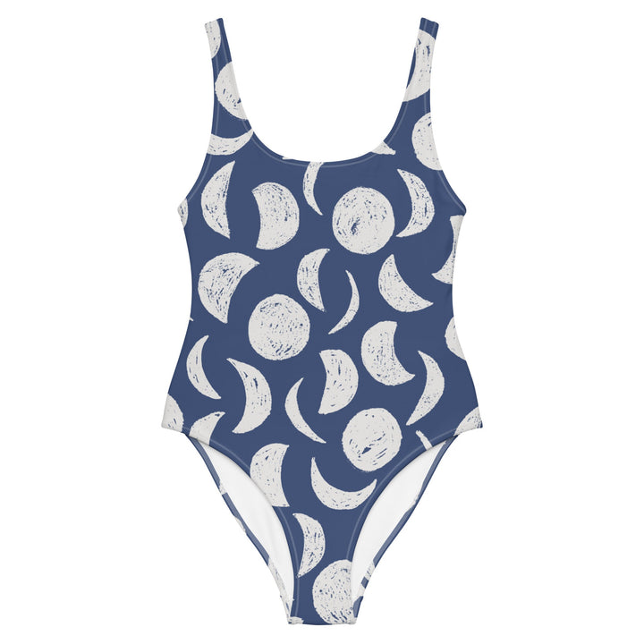 Front image of the Moons Swimsuit by Mor Swimmy — navy and white one-piece with lunar pattern, perfect for wild swimming and cold-water dips.