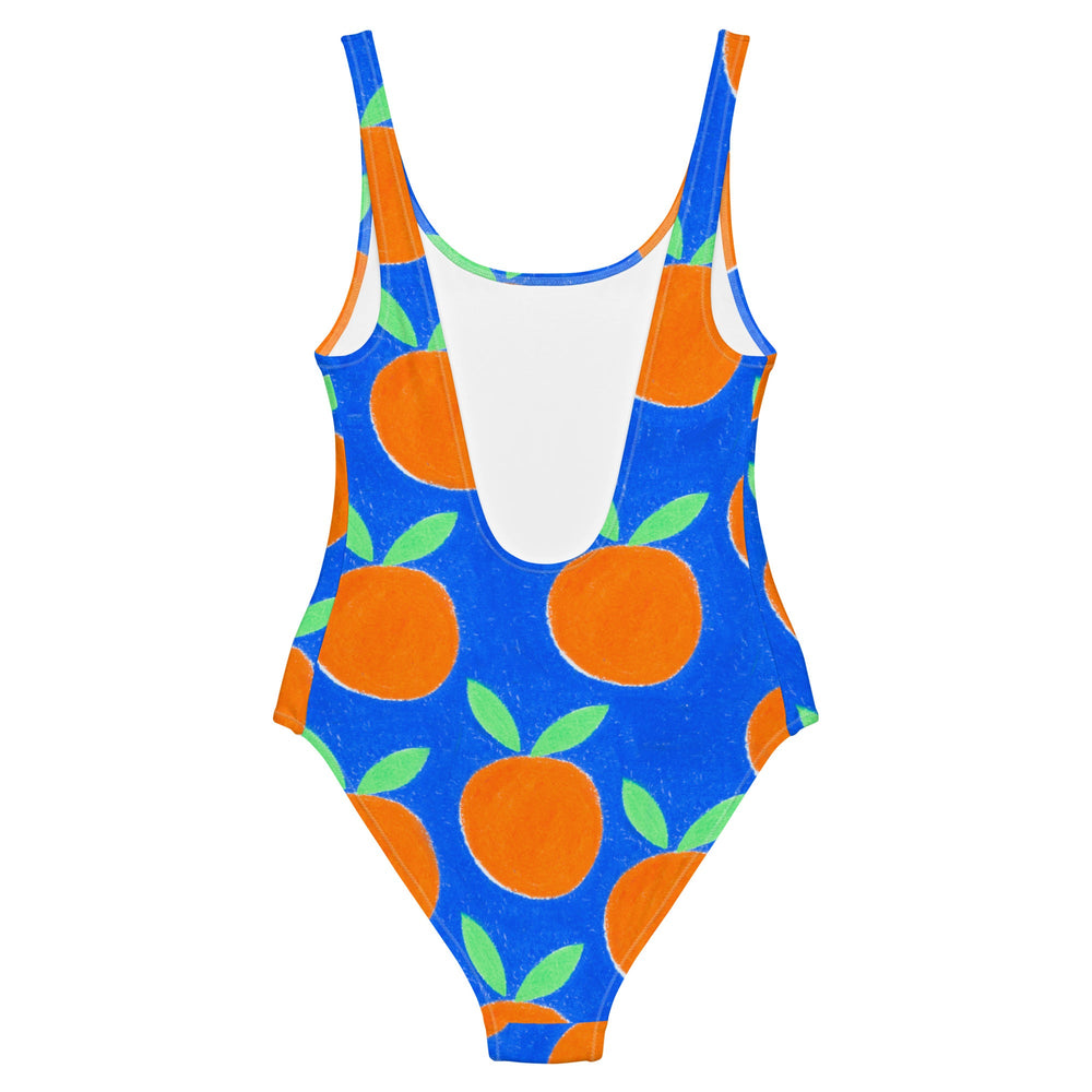 Back image of the Oranges Swimsuit by Mor Swimmy — bright blue and orange one-piece with hand-drawn fruit print, perfect for wild swimming.