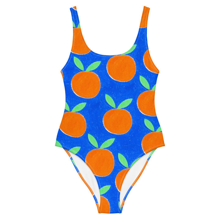 Front image of the Oranges Swimsuit by Mor Swimmy — bright blue and orange one-piece with hand-drawn fruit print, perfect for wild swimming.