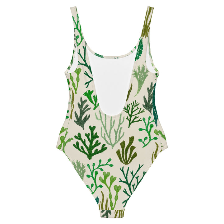 Back image of the Mor Swimmy one-piece swimsuit with a hand-drawn green seaweed pattern on a white background, soft and durable fabric for wild swimming.