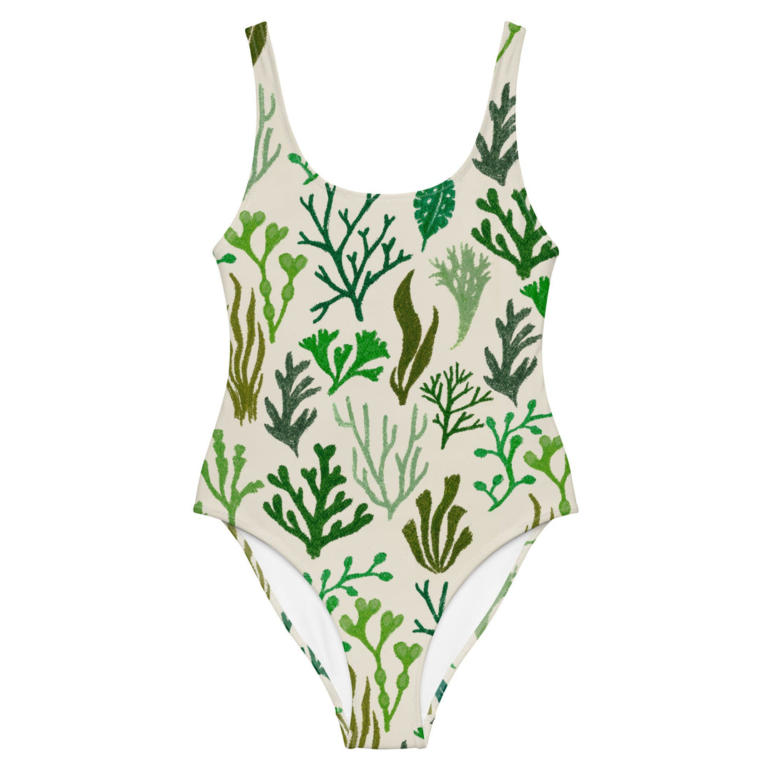 Front image of the Mor Swimmy one-piece swimsuit with a hand-drawn green seaweed pattern on a white background, soft and durable fabric for wild swimming.